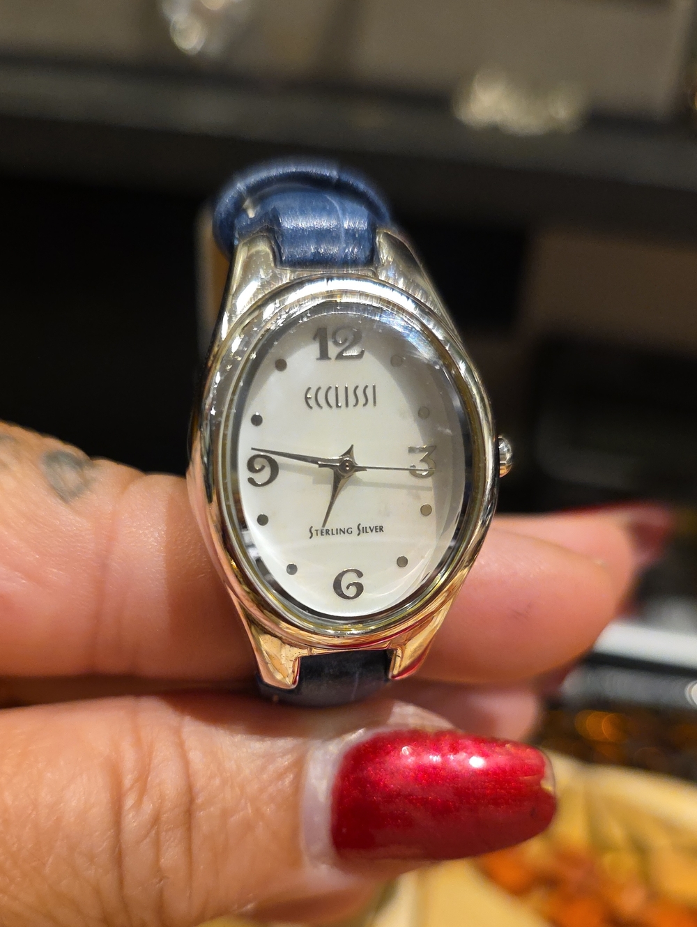 ECClissi Sterling Silver Women's Blue Leather Strap Watch